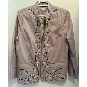 Embroidered Floral Taupe Zip-Up Jacket Bohemian Grandma Size S Embellished Coat